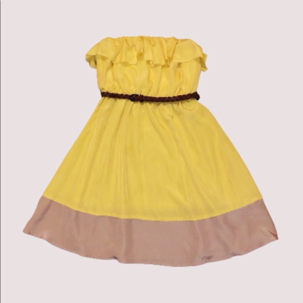 Yellow Strapless Ruffle Top Mini Dress w Belt Size Medium